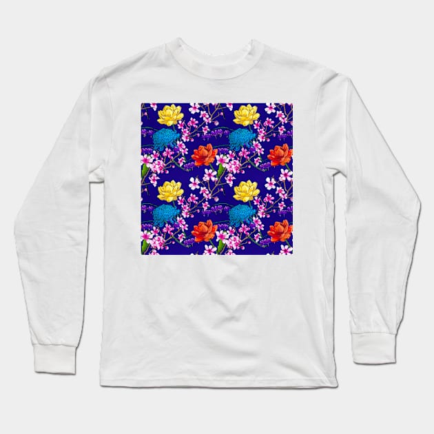 Asian Blue Floral Fusion Long Sleeve T-Shirt by missdebi27